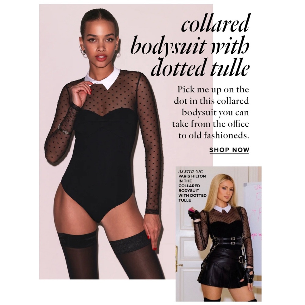 FLEUR DU MAL Polka Dot Tulle Mesh Collar Bodysuit Sheer Black White XS - Picture 14 of 14